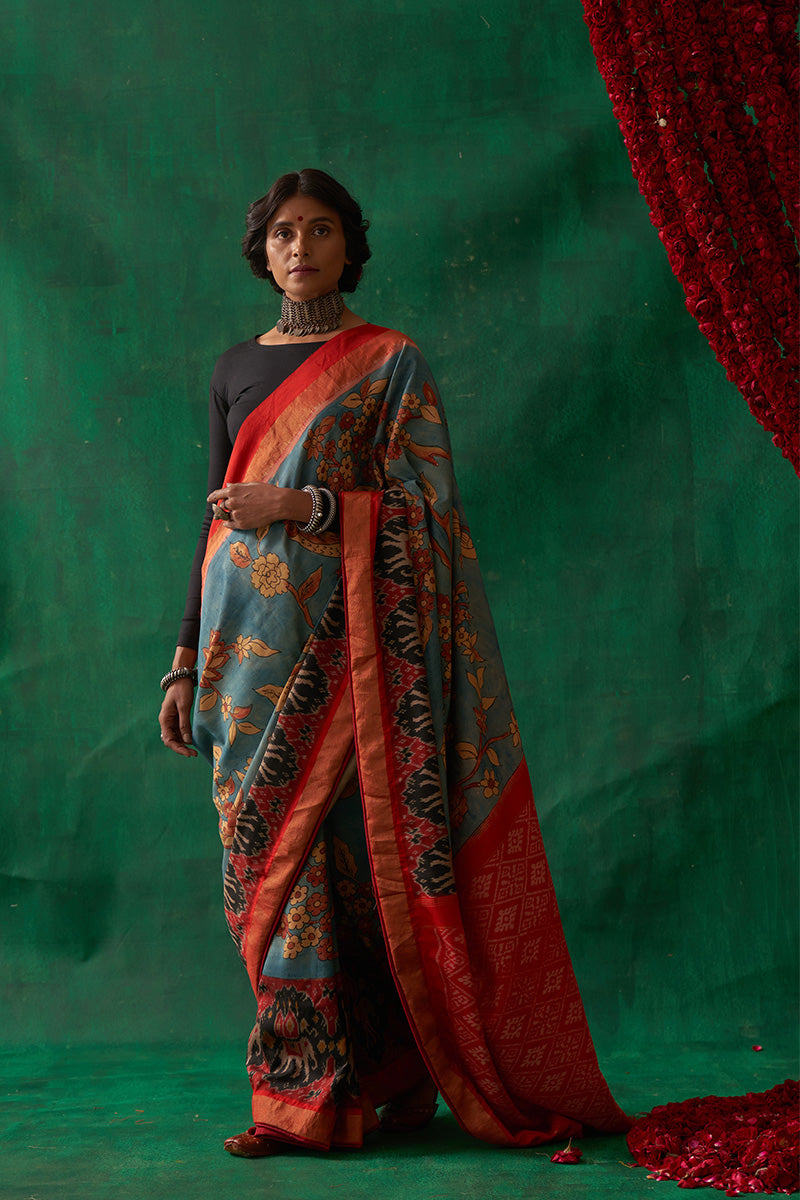 Uttama' Kalamkari with Zari Pure Pochampally Ikat Silk Sari