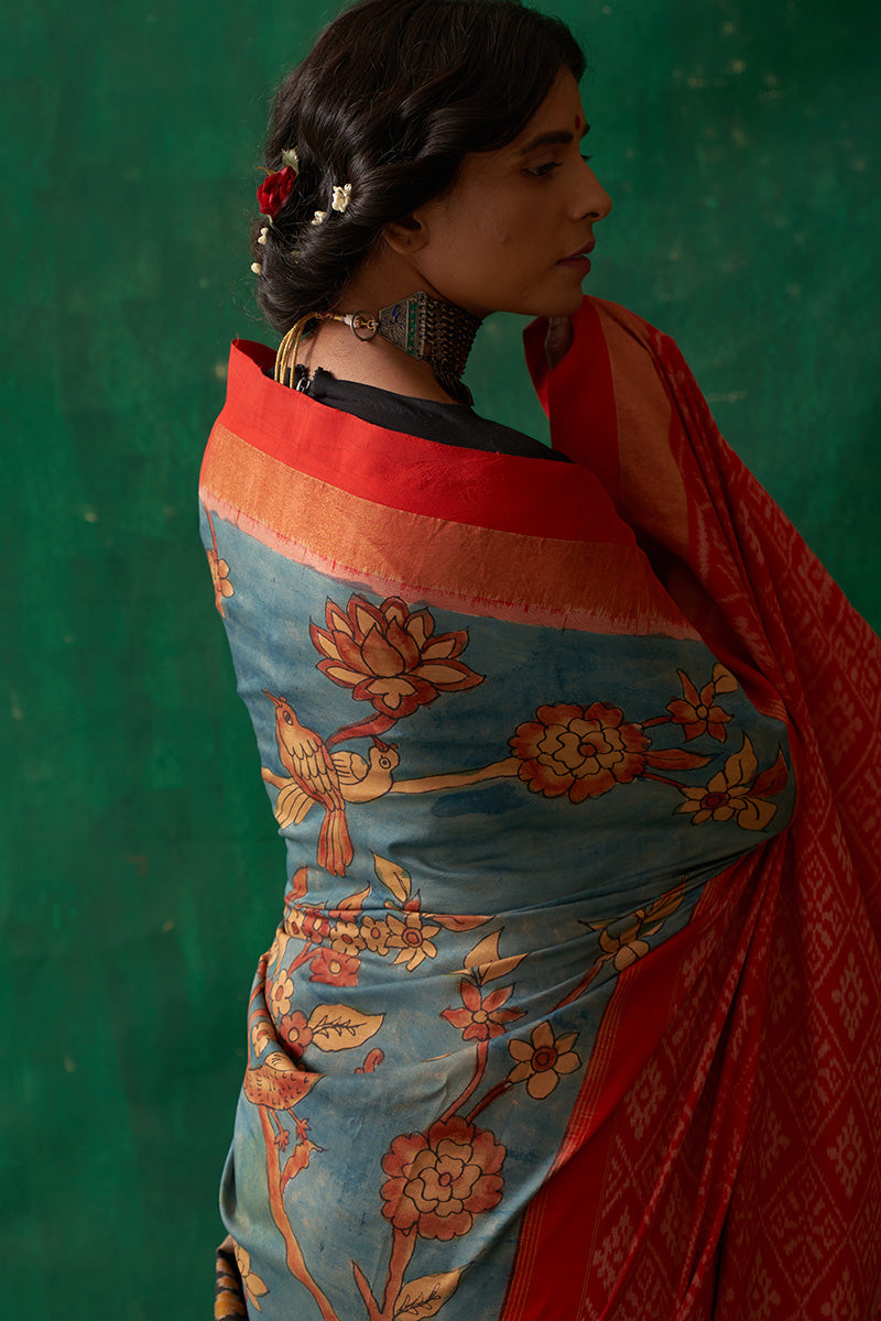 Uttama' Kalamkari with Zari Pure Pochampally Ikat Silk Sari