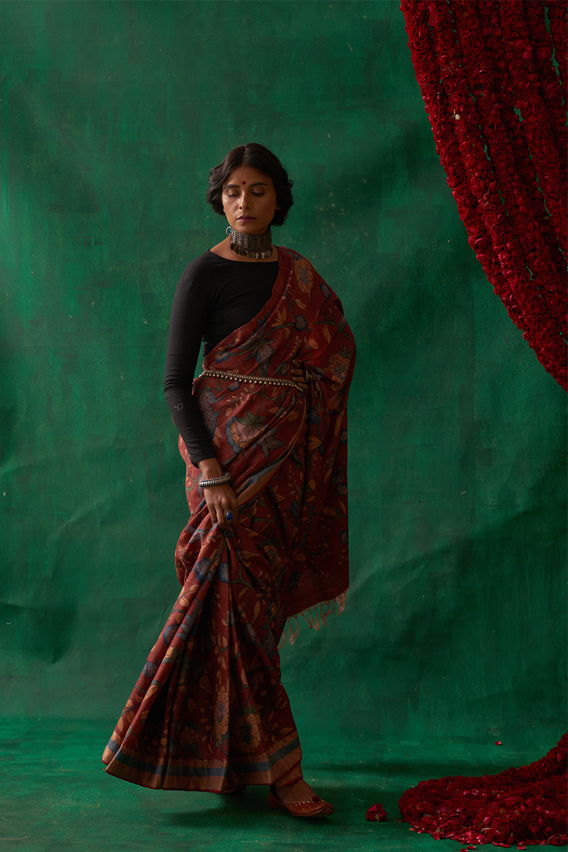 Apsara' Kalamkari with Zari Pure Tussar Silk Sari