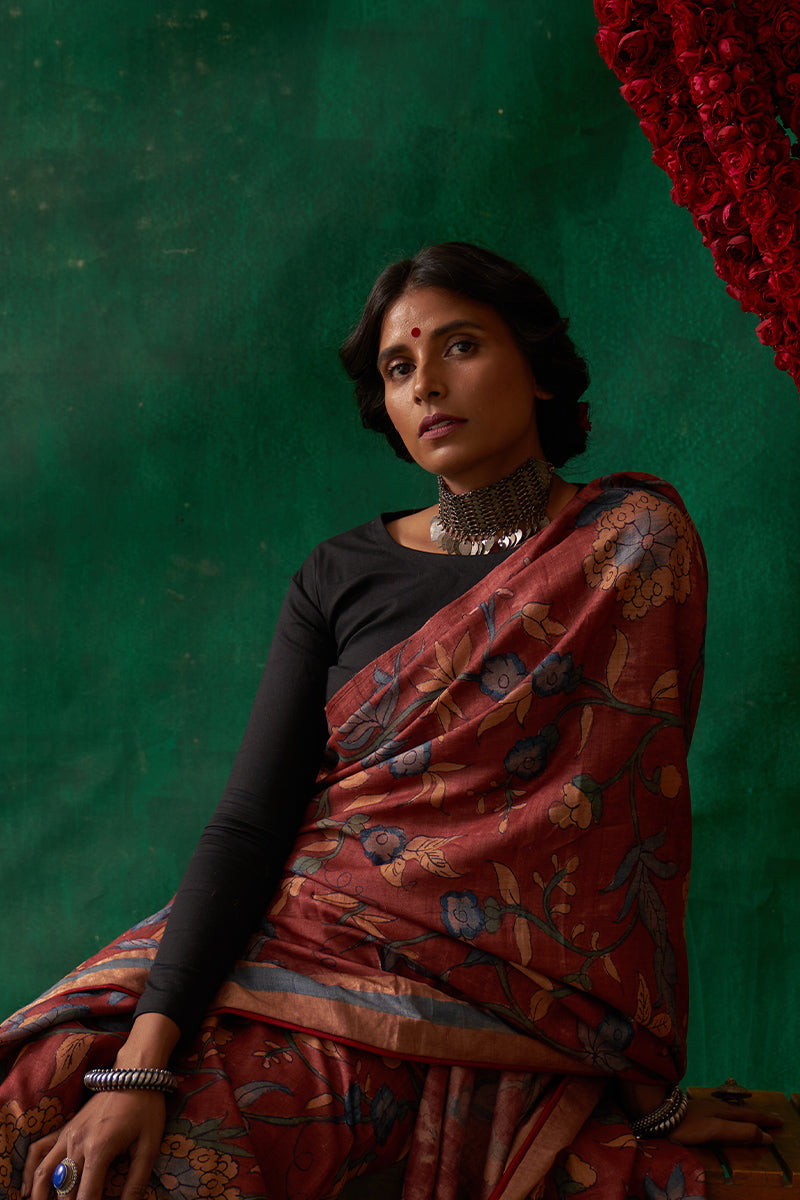 Apsara' Kalamkari with Zari Pure Tussar Silk Sari