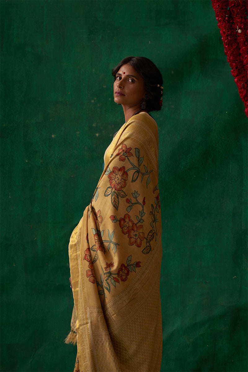 Thumri' Kalamkari with Zari Pure Kanjivaram Silk Sari