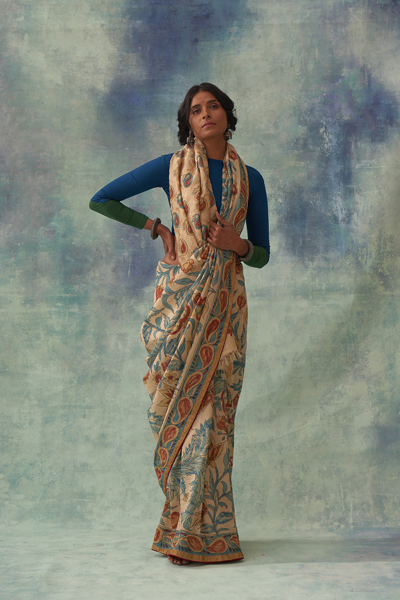 'Pragalbha' Kalamkari with Zari Pure Banarasi Silk Sari