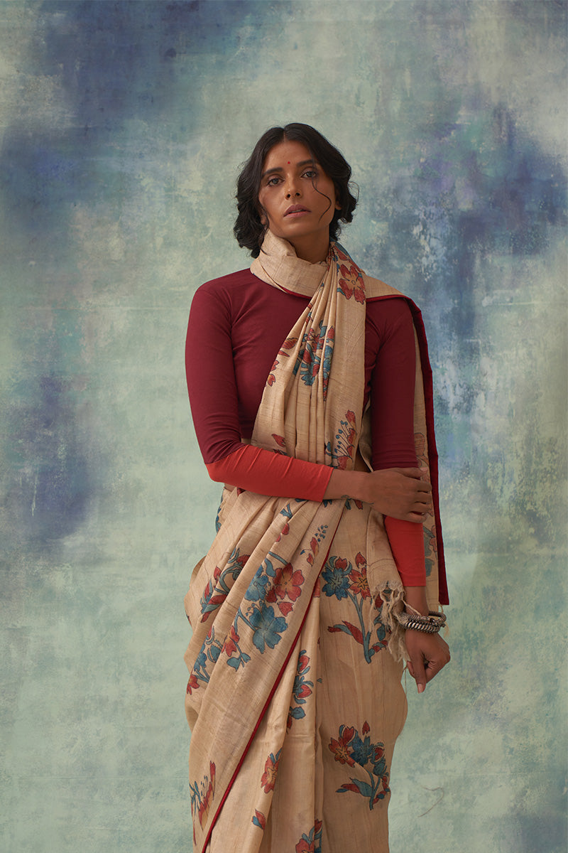 'Manini' Kalamkari Pure Tussar Silk Sari