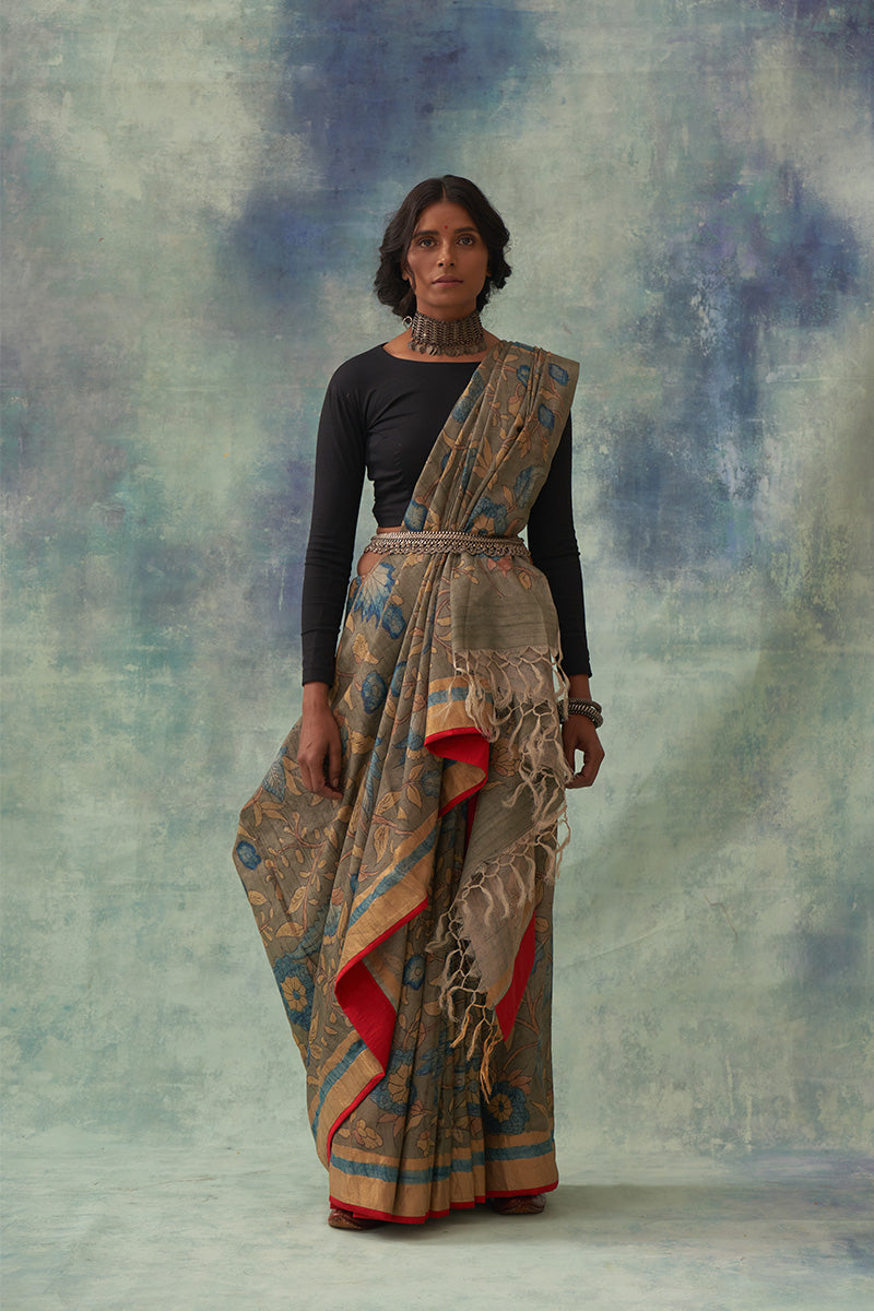 'Padmini' Kalamkari with Zari Pure Tussar Silk Sari