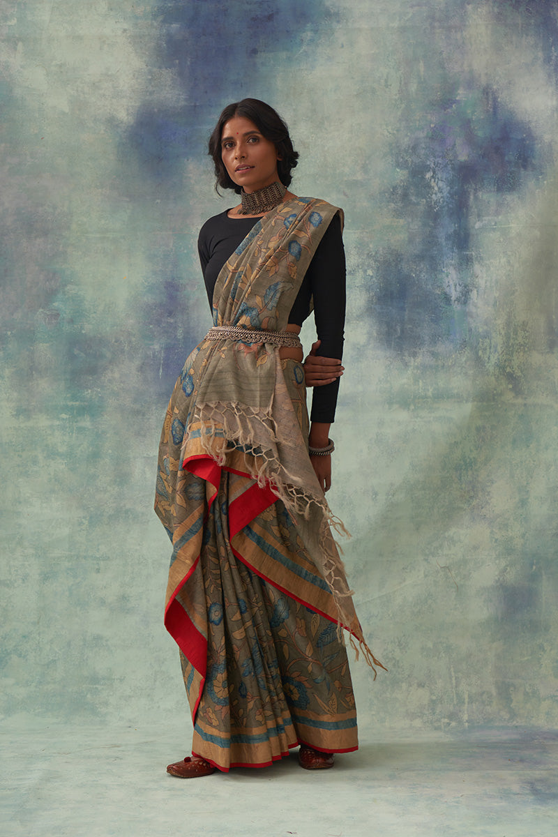'Padmini' Kalamkari with Zari Pure Tussar Silk Sari