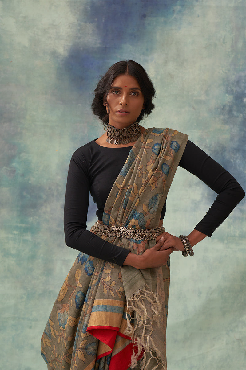 'Padmini' Kalamkari with Zari Pure Tussar Silk Sari