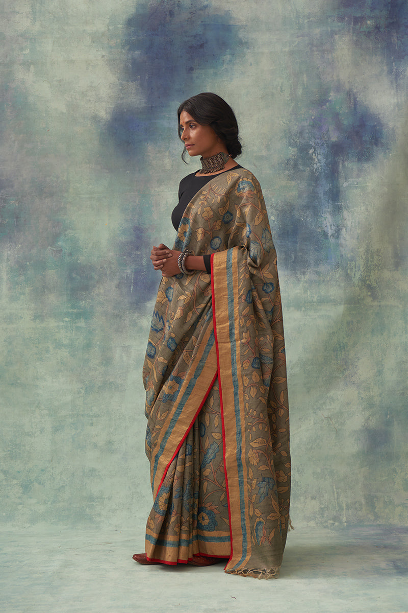'Padmini' Kalamkari with Zari Pure Tussar Silk Sari
