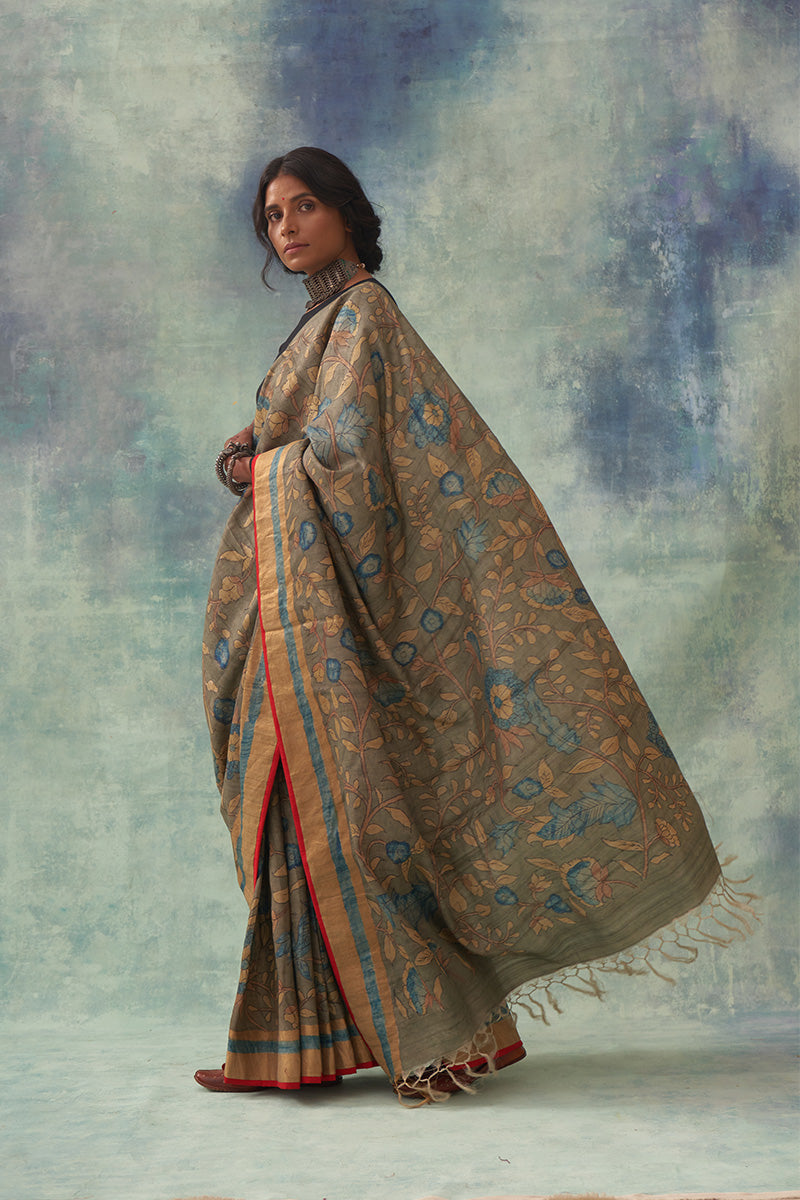 'Padmini' Kalamkari with Zari Pure Tussar Silk Sari