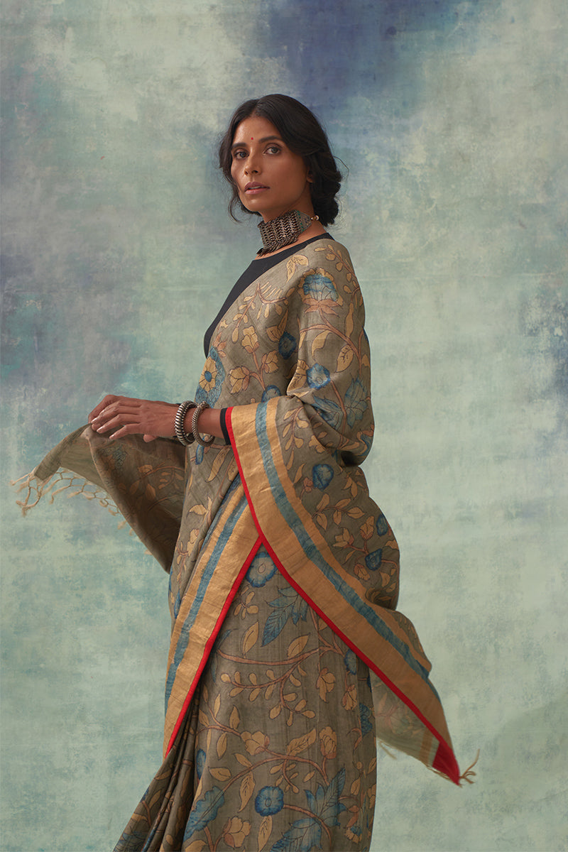 'Padmini' Kalamkari with Zari Pure Tussar Silk Sari