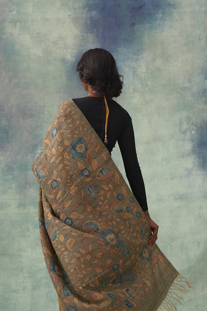 'Padmini' Kalamkari with Zari Pure Tussar Silk Sari