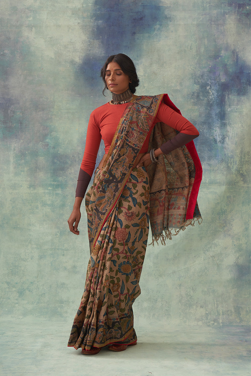 'Chitrani' Kalamkari Pure Tussar Silk Sari