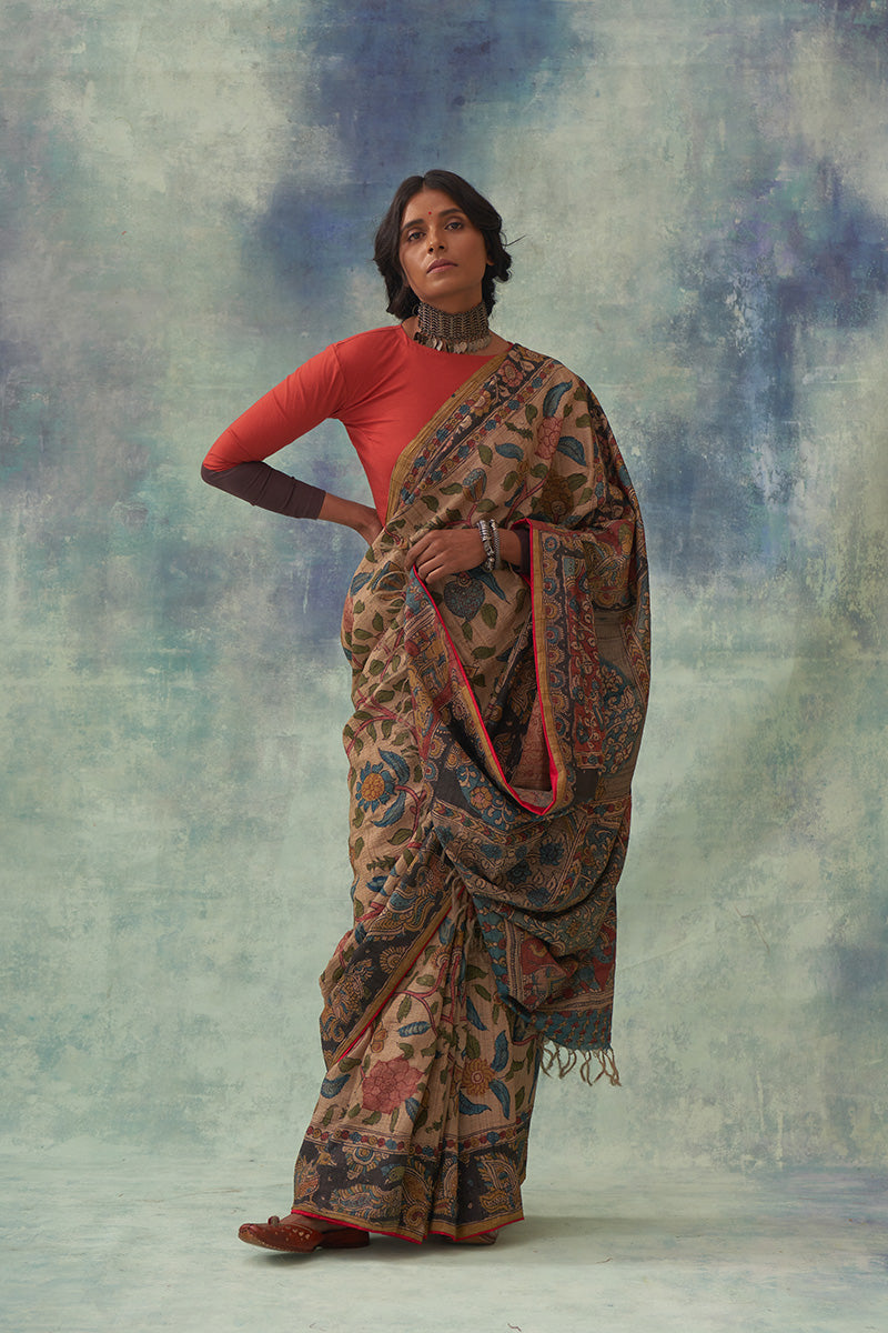 'Chitrani' Kalamkari Pure Tussar Silk Sari