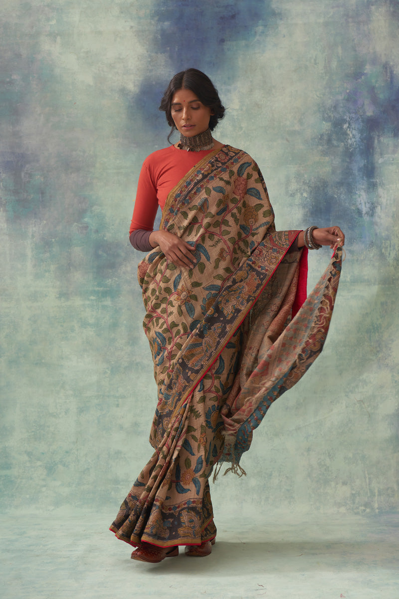 'Chitrani' Kalamkari Pure Tussar Silk Sari