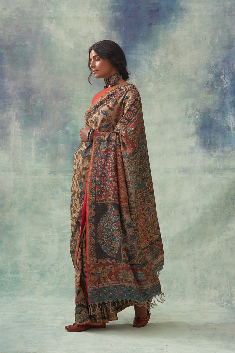'Chitrani' Kalamkari Pure Tussar Silk Sari