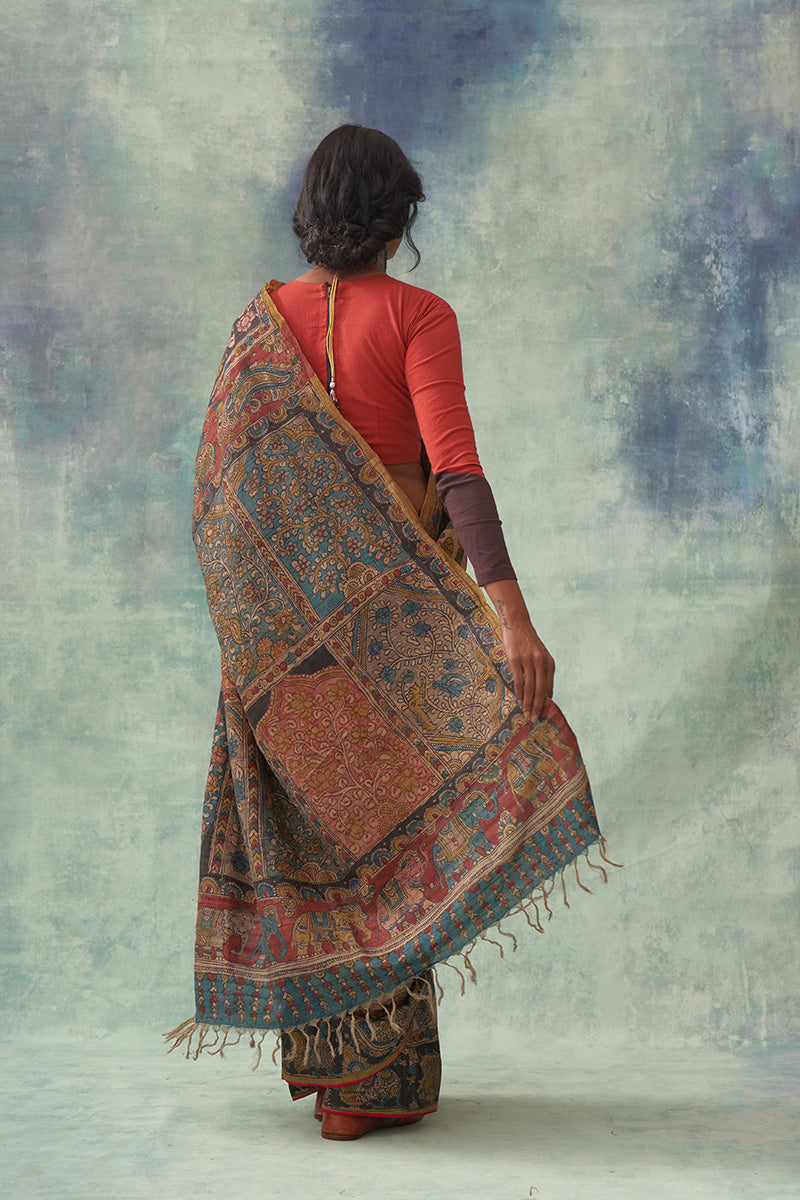'Chitrani' Kalamkari Pure Tussar Silk Sari