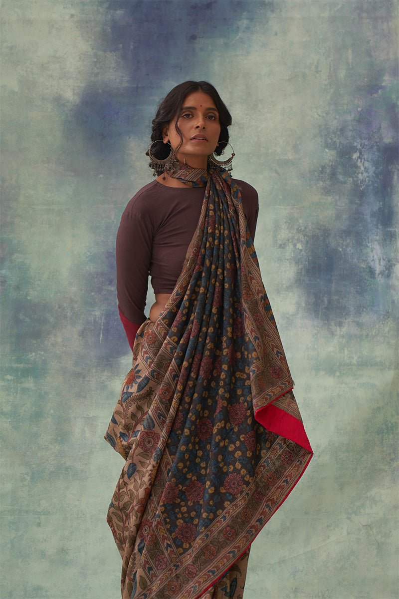 'Chandan' Kalamkari Pure Tussar Silk Sari