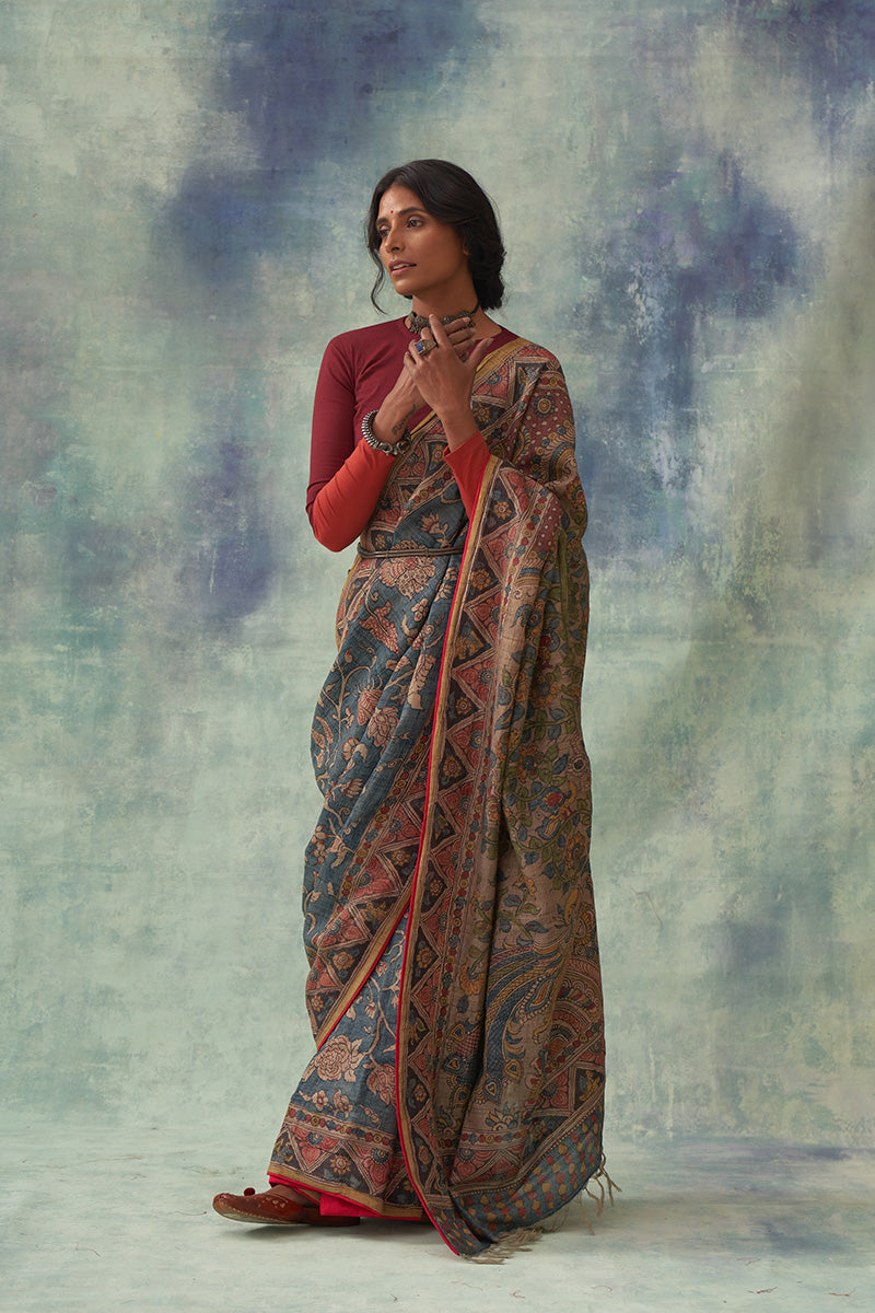 'Kankan' Kalamkari Pure Tussar Silk Sari