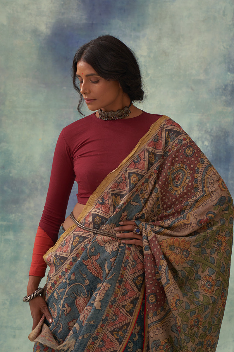 'Kankan' Kalamkari Pure Tussar Silk Sari