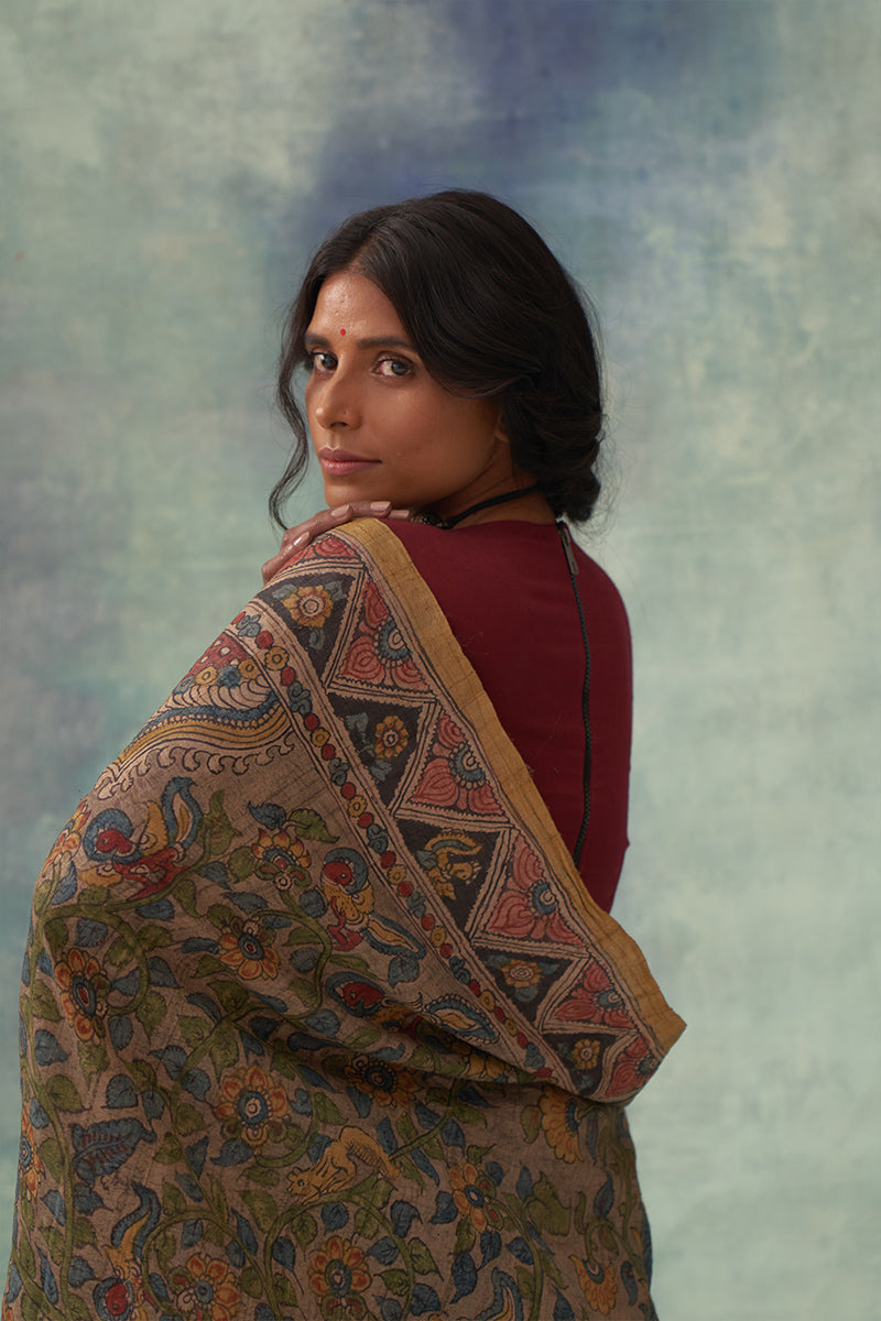 'Kankan' Kalamkari Pure Tussar Silk Sari
