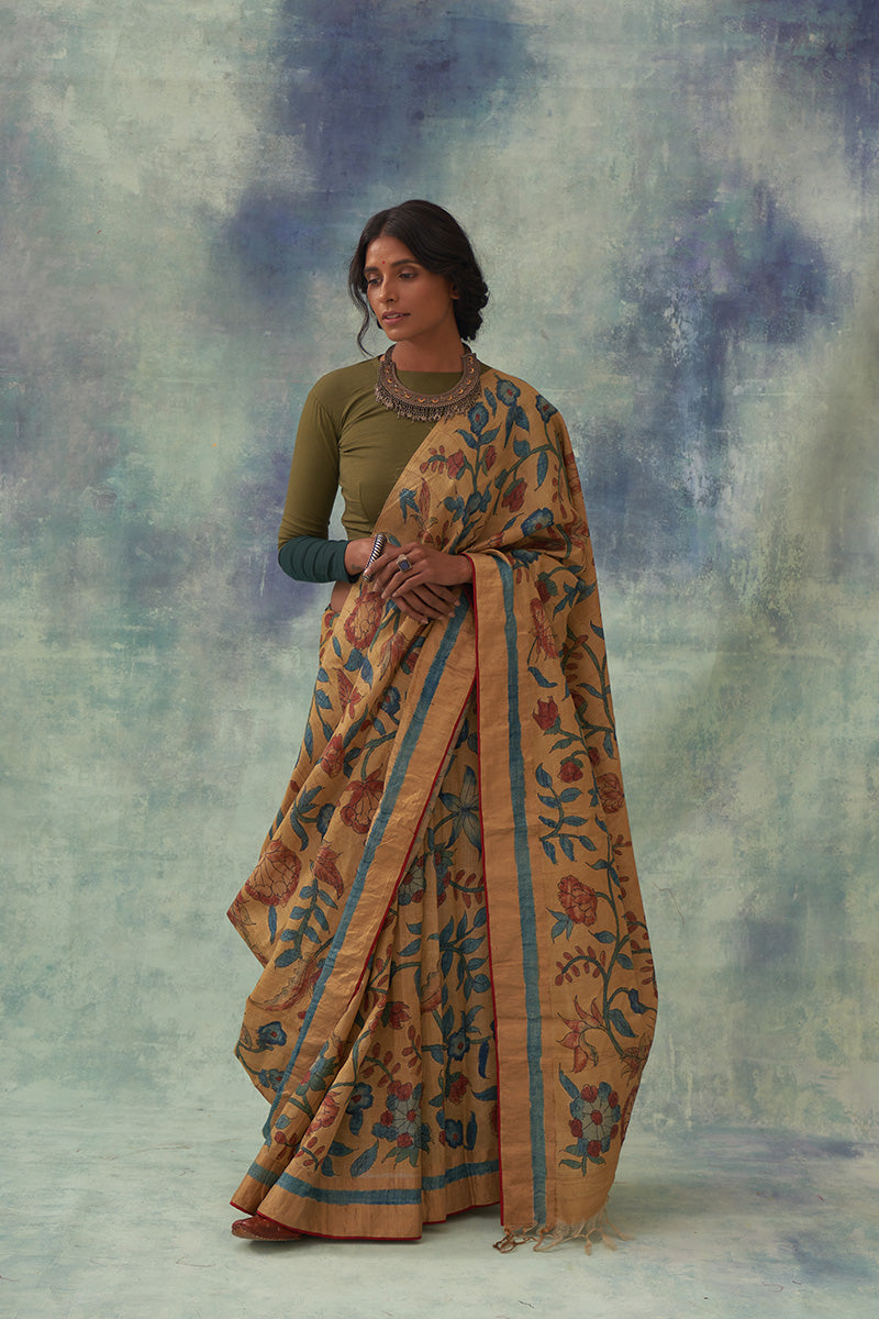 'Moti' Kalamkari with Zari Pure Banarasi Silk Sari