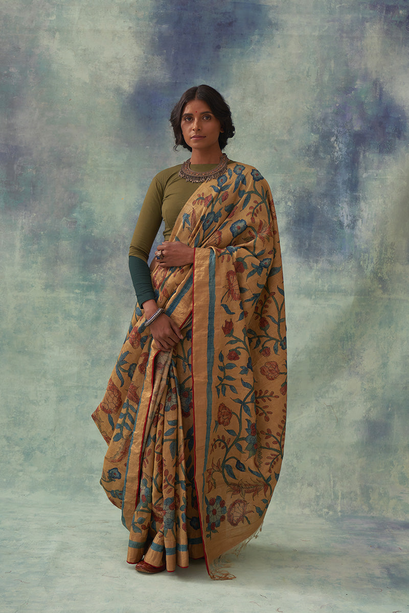 'Moti' Kalamkari with Zari Pure Banarasi Silk Sari