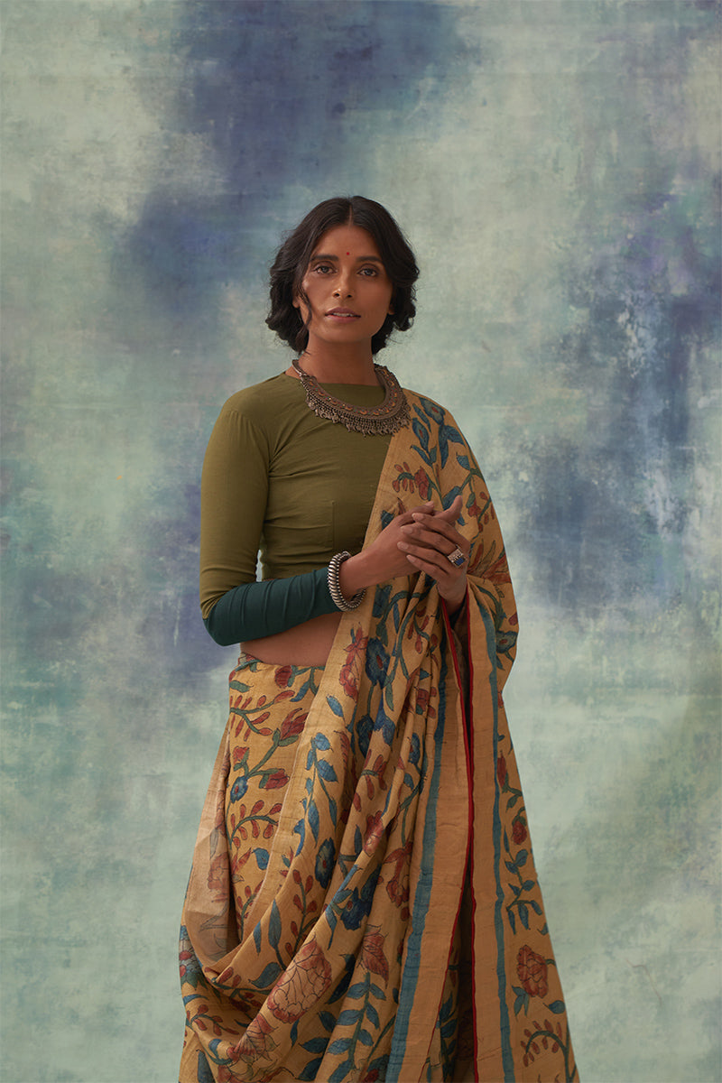'Moti' Kalamkari with Zari Pure Banarasi Silk Sari
