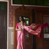 'Natkhat Chiraiya' Gulabi Tanchoi Benarasi Handloom Sari