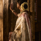 'Indra Ki Pari' Shwet Jangla Kadhua Benarasi Handloom Sari