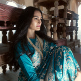 'Jaal Manjari' Firozi Jangla Zari Pure Silk Benarasi Handloom Sari