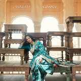 'Jaal Manjari' Firozi Jangla Zari Pure Silk Benarasi Handloom Sari