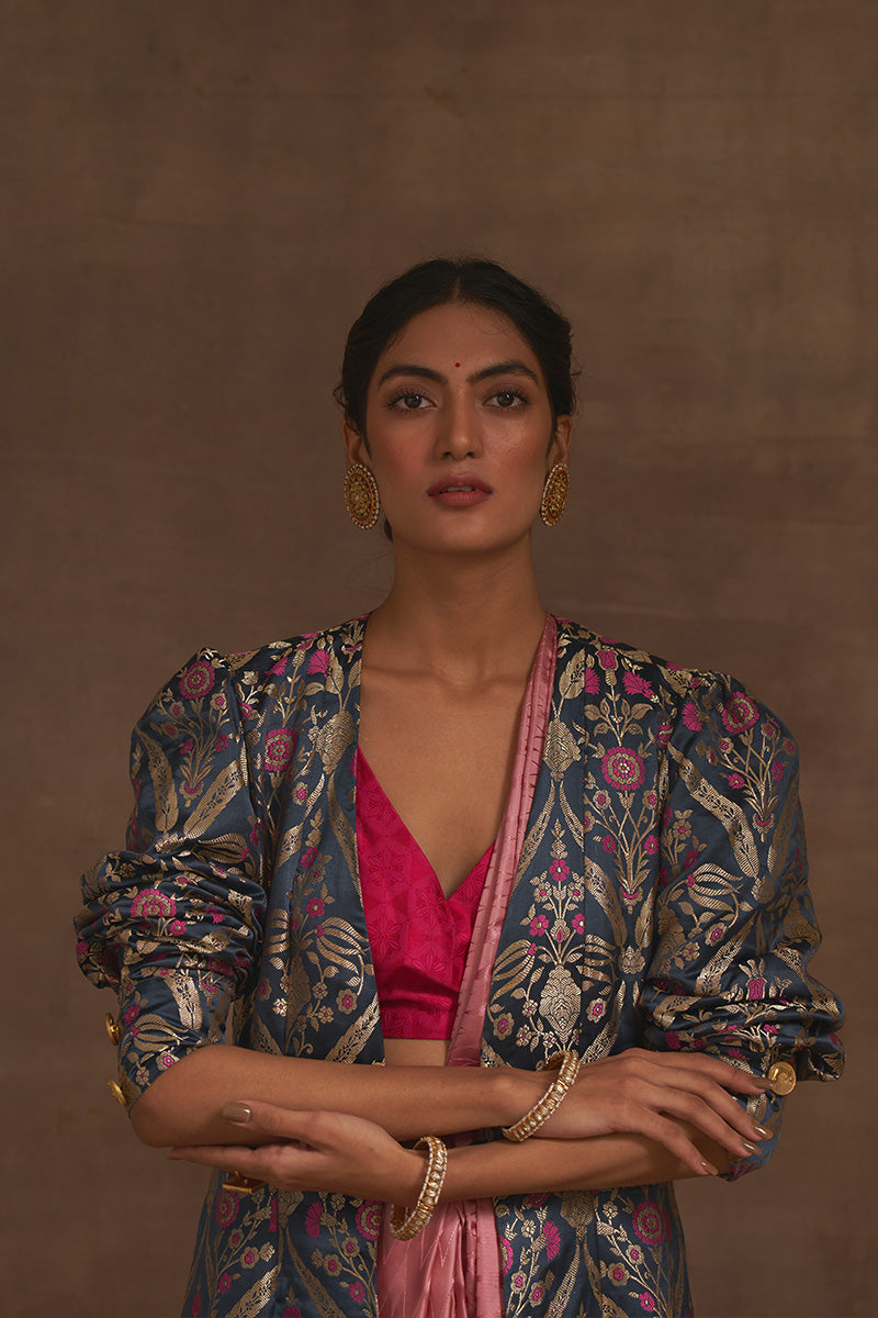 'Paras' Charcoal Blue Benarasi Handloom Jacket