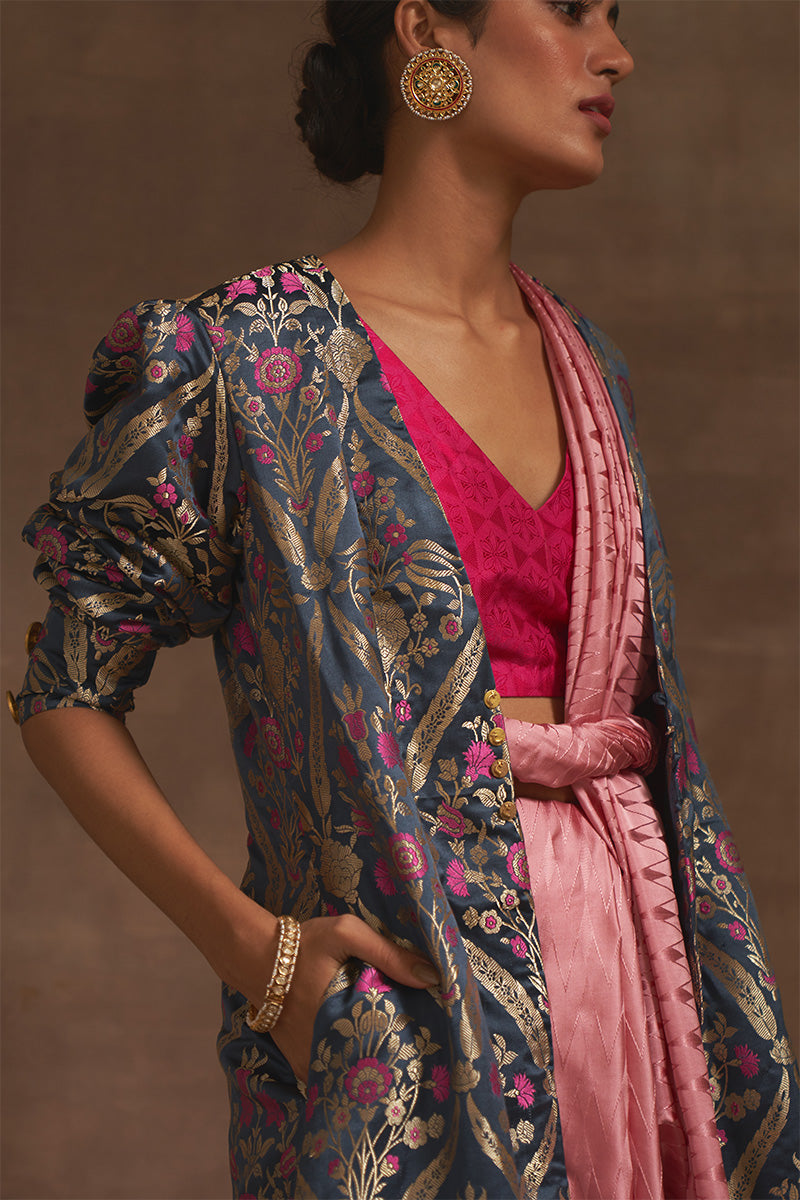 'Paras' Charcoal Blue Benarasi Handloom Jacket