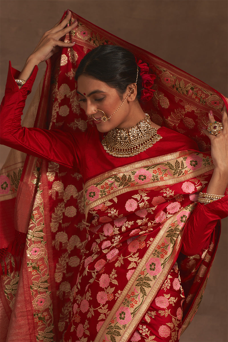 'Akash Kusum' Surkh Gyasar Benarasi Handloom Sari