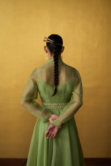 Yuna Pistachio Green Panelled Dress with Overlay