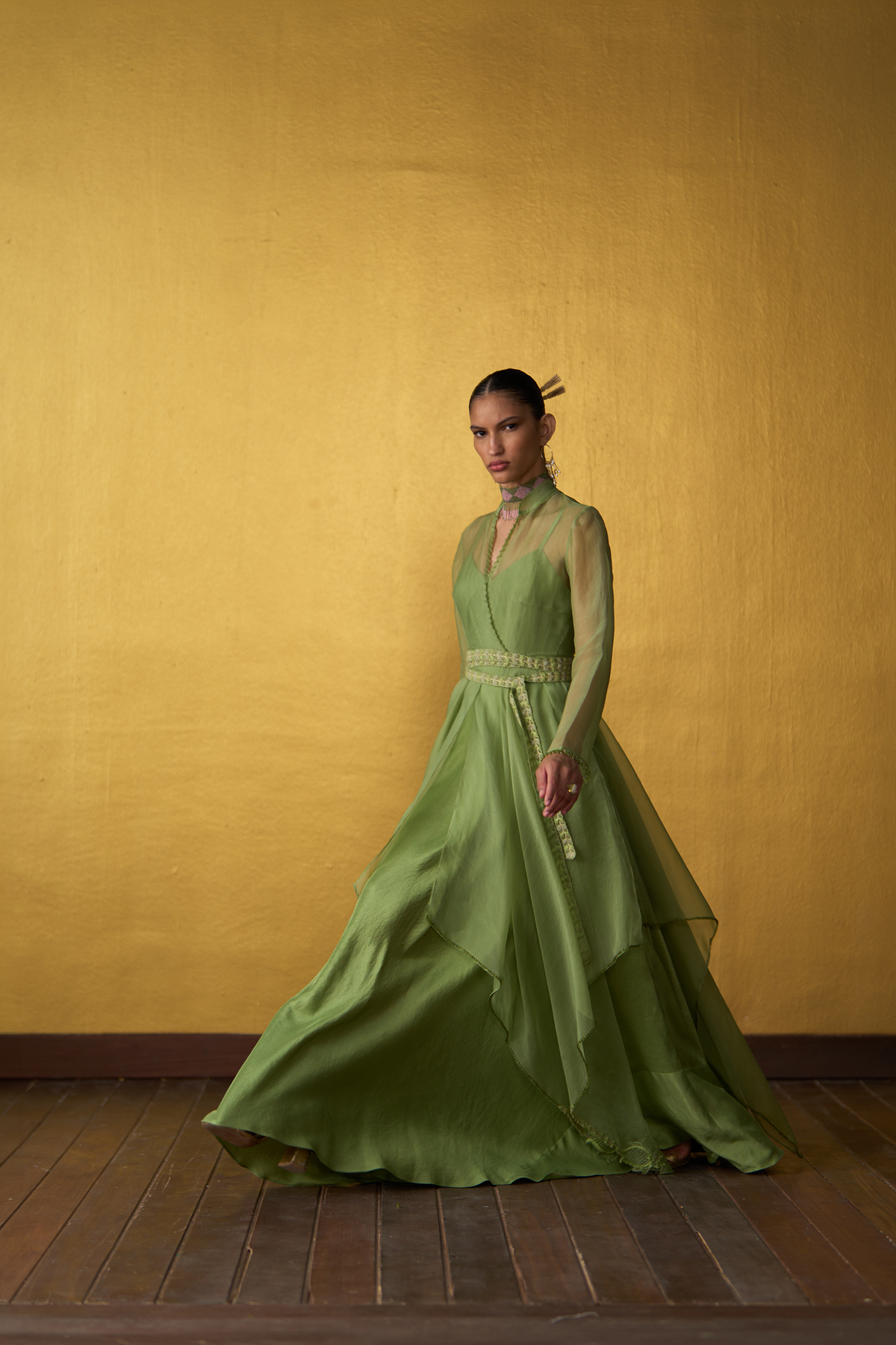 Yuna Pistachio Green Panelled Dress with Overlay