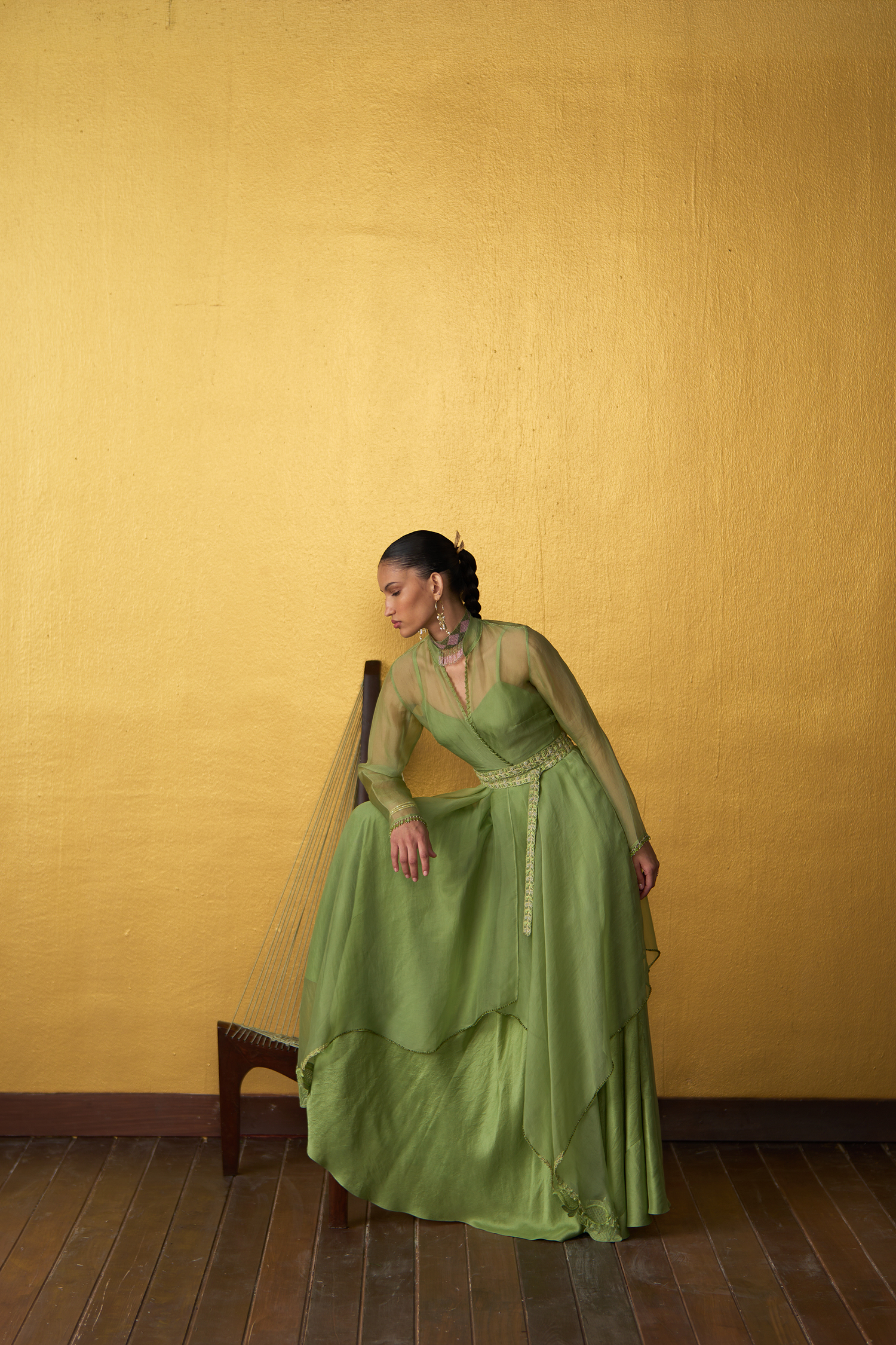Yuna Pistachio Green Panelled Dress with Overlay