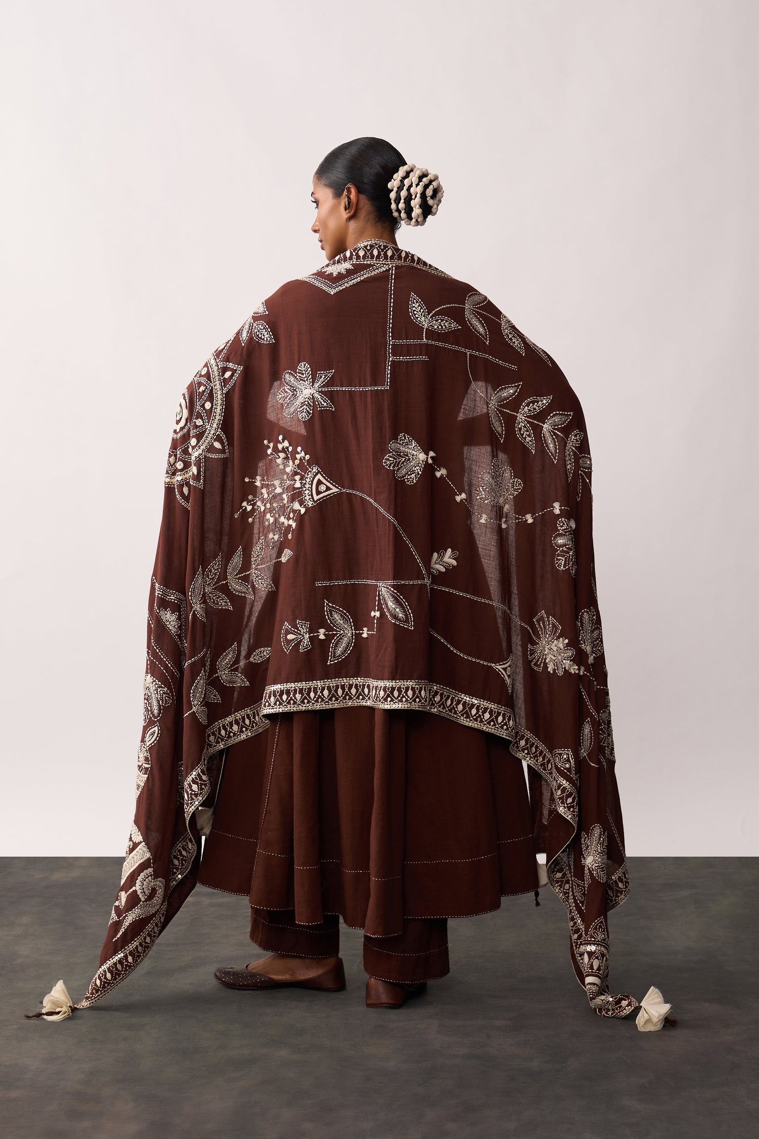 'Rani Laxmi' Brown Hand-spun Embroidered Dupatta