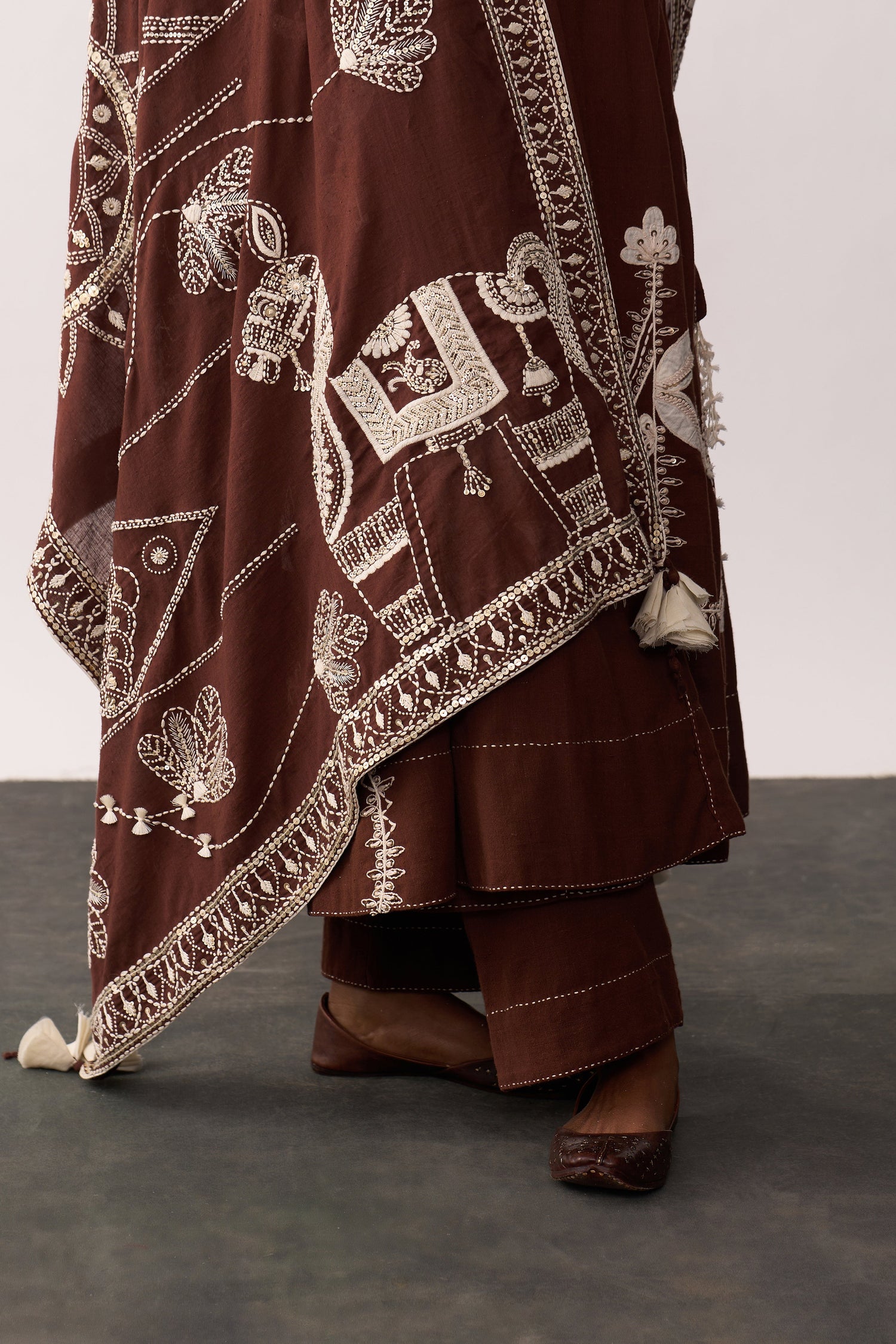 'Rani Laxmi' Brown Hand-spun Embroidered Dupatta