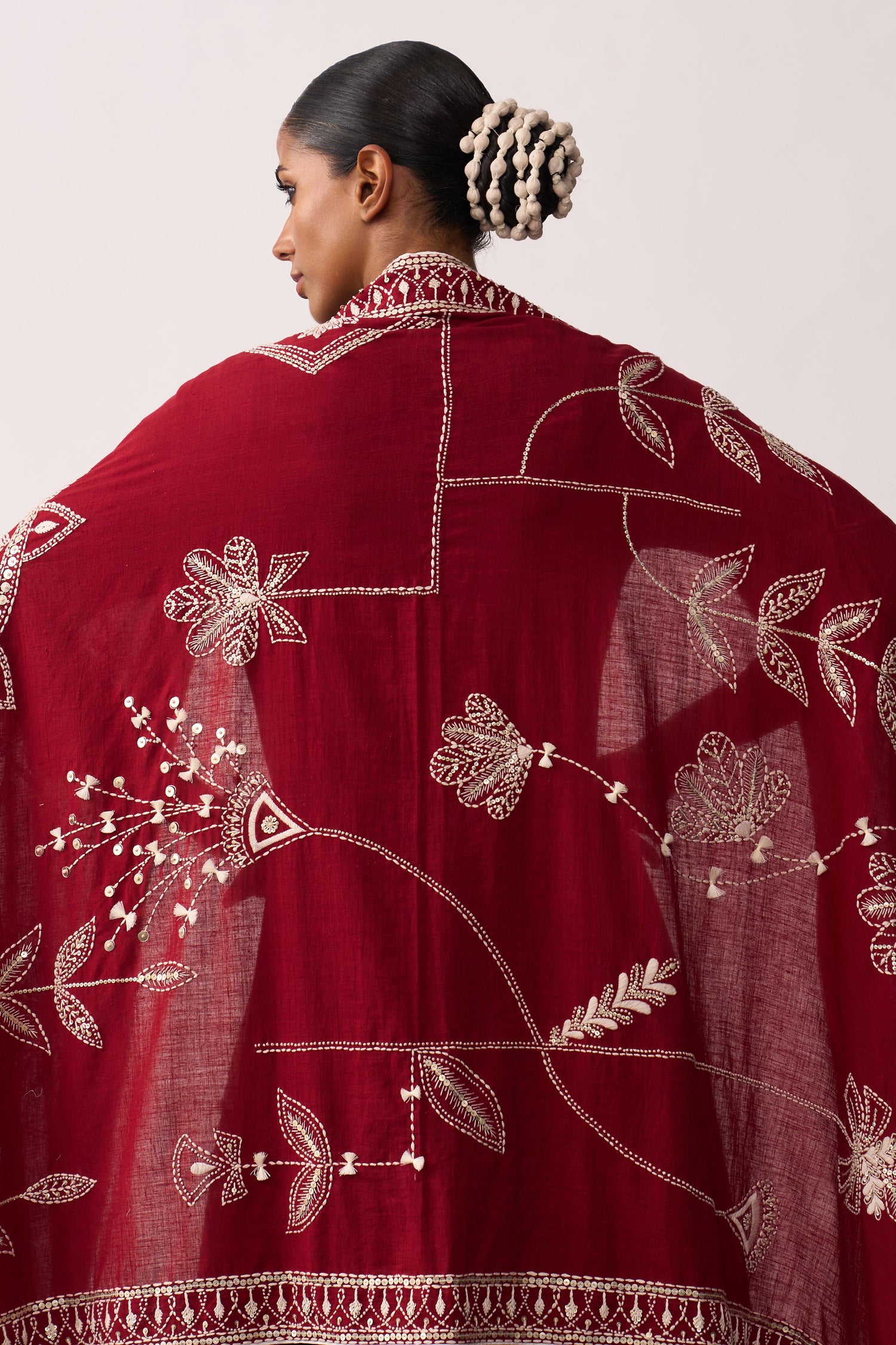 'Rani Laxmi' Red Hand-spun Embroidered Dupatta