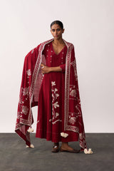 'Rani Laxmi' Red Hand-spun Embroidered Dupatta