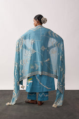 'Rani Laxmi' Blue Hand-spun Embroidered Dupatta