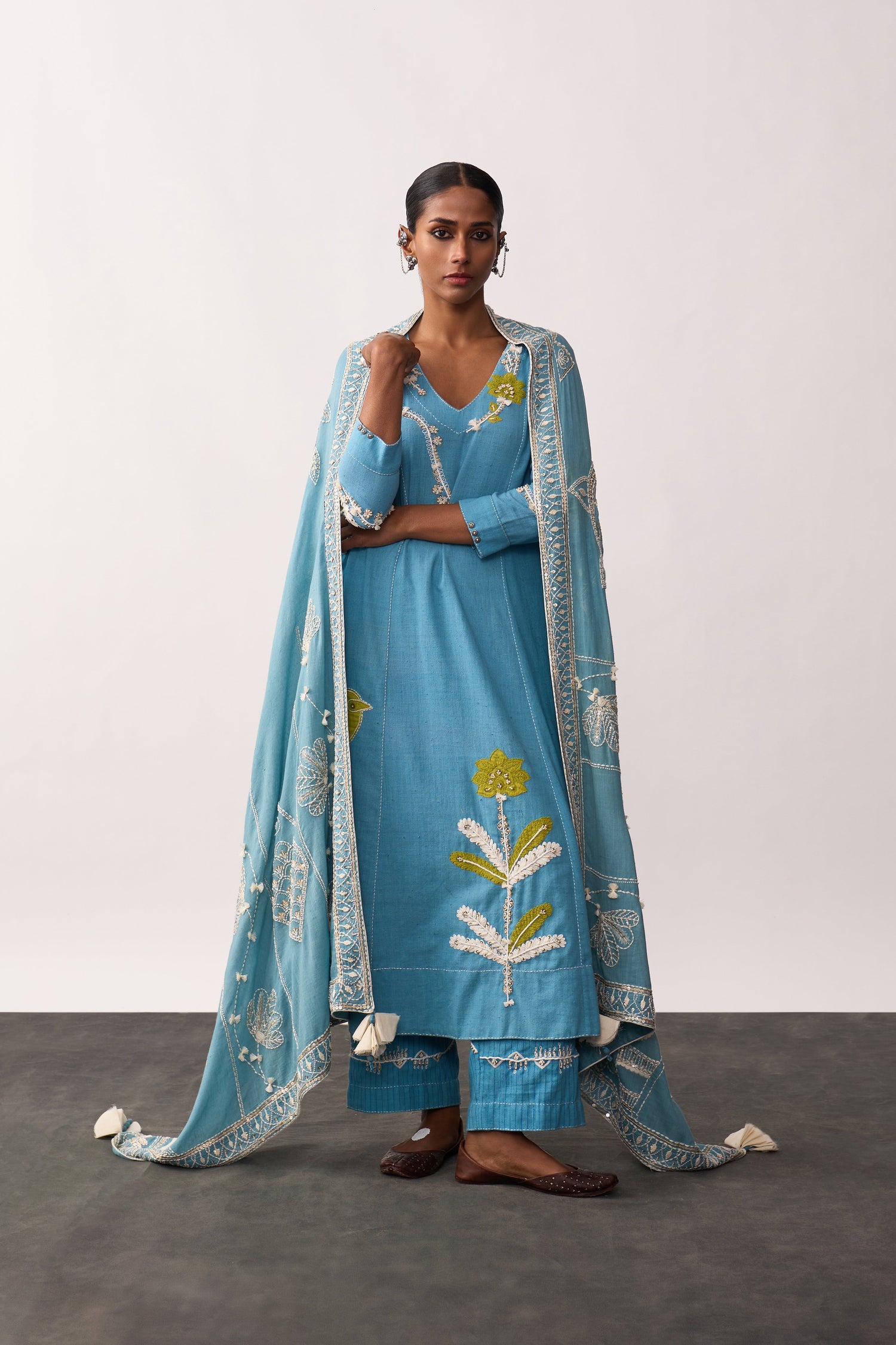 'Rani Laxmi' Blue Hand-spun Embroidered Dupatta