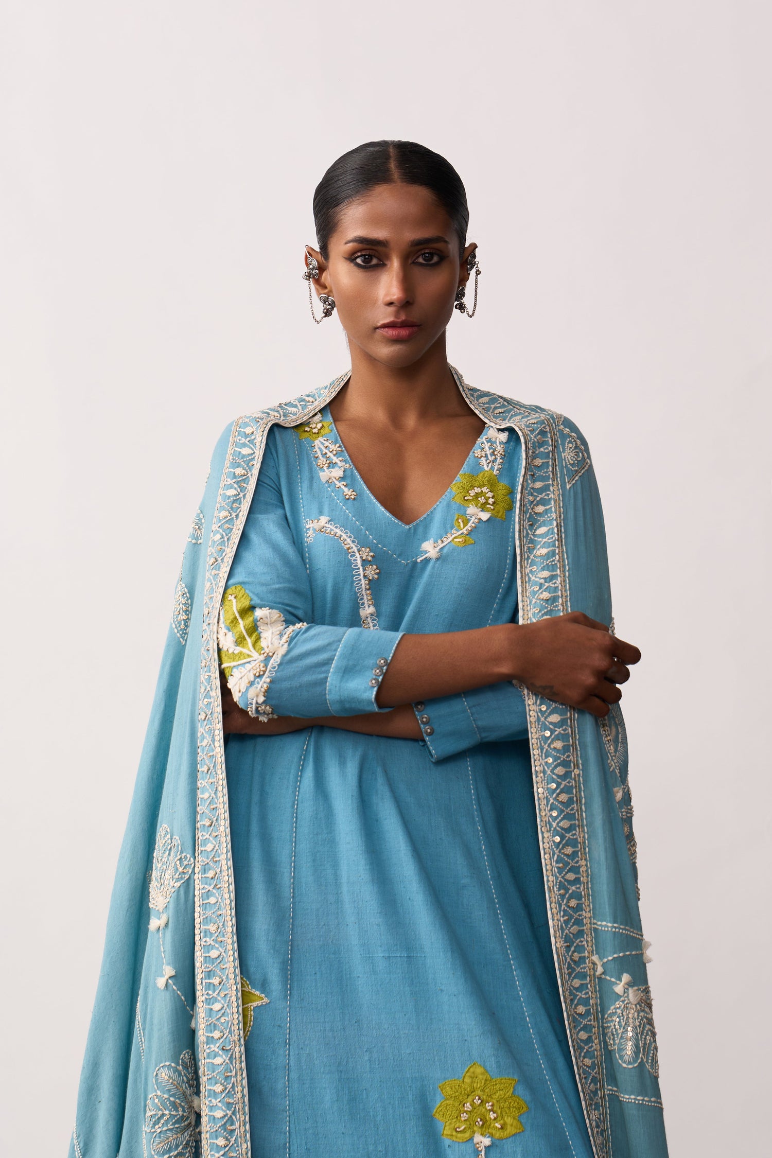 'Rani Laxmi' Blue Hand-spun Embroidered Dupatta