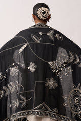 'Rani Laxmi' Black Hand-spun Embroidered Dupatta