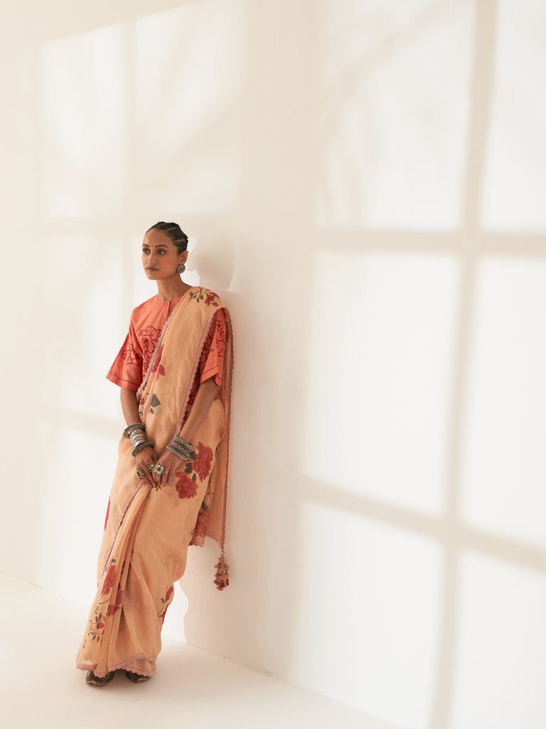 'Gulmohar' Pure Linen Handloom Sari