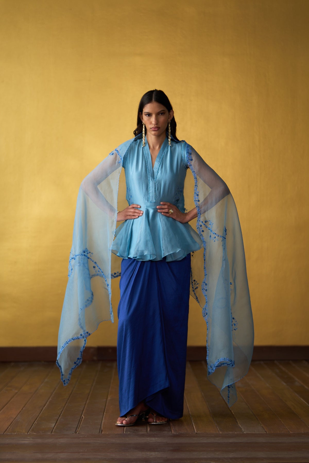 Reina Cobalt Blue & Powder Blue Drape Skirt Set