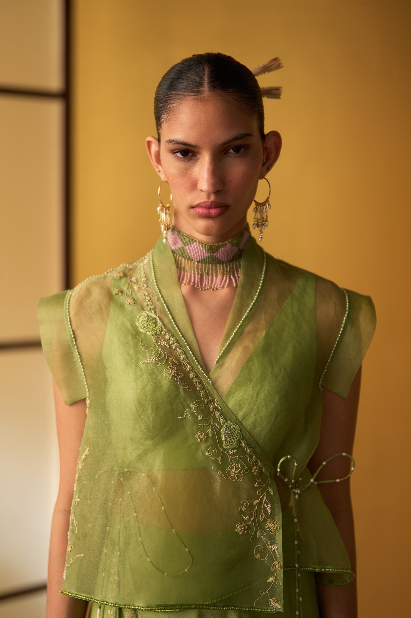 Ayana Pistachio Green Panelled Skirt with Angrakha
