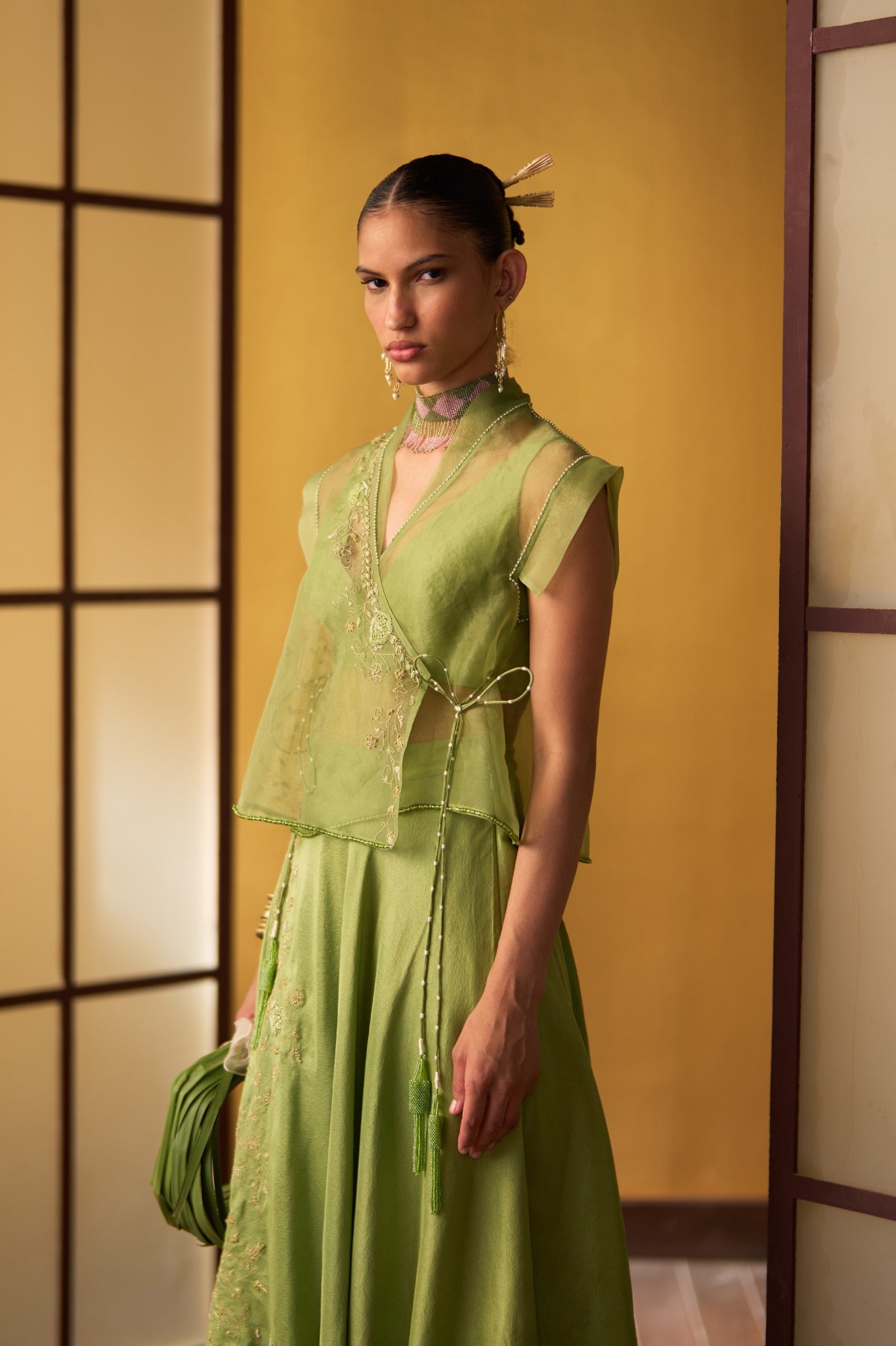 Ayana Pistachio Green Panelled Skirt with Angrakha