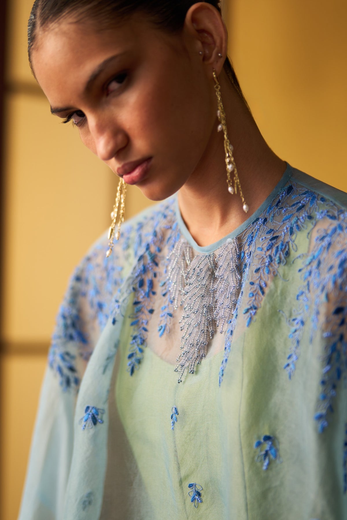 Misa Pistachio Green & Powder Blue Kali Dress with Cape