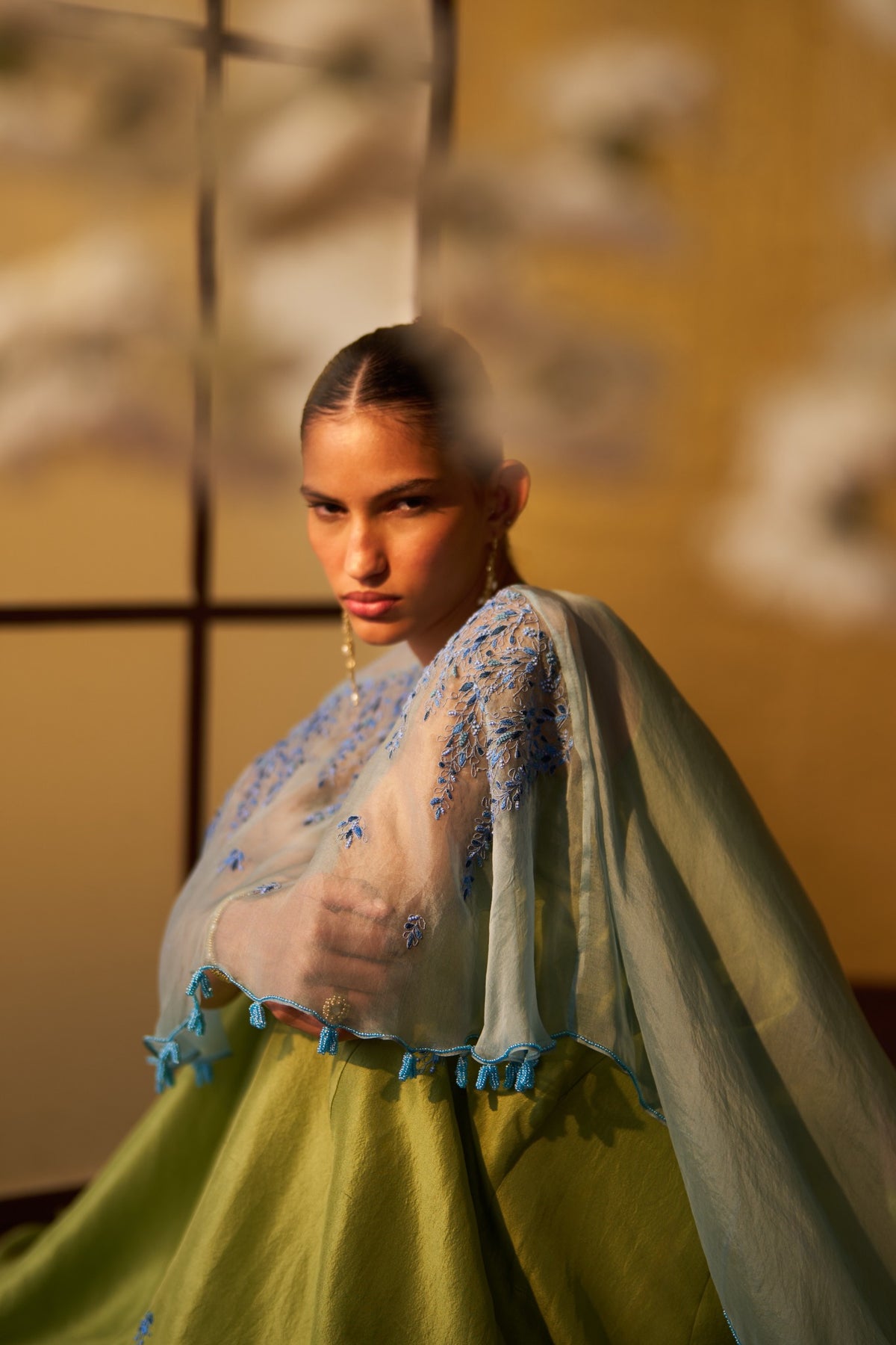 Misa Pistachio Green & Powder Blue Kali Dress with Cape